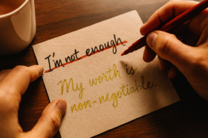 Negative thought rewriting - Hands crossing out "I'm not enough" writing positive affirmation 