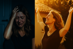 Self-doubt to confidence transformation - Woman moving from darkness to light symbolism 