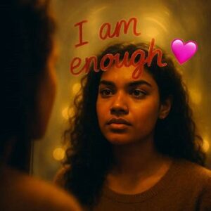 Mirror work for self-worth - Woman staring at reflection with "I am enough" affirmation 